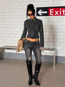 Jeanoix Vintage Washed Black Motorcycle Denim Jacket, Y2K Gothic Style Asymmetric Zipper Stand Collar Slim Fit Cropped Jacket For Women - Black - View 3