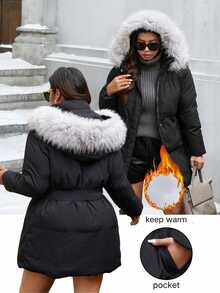 Easura Plus Size Warm Faux Fur Patchwork Hooded Padded Coat With Pockets - Black - View 4