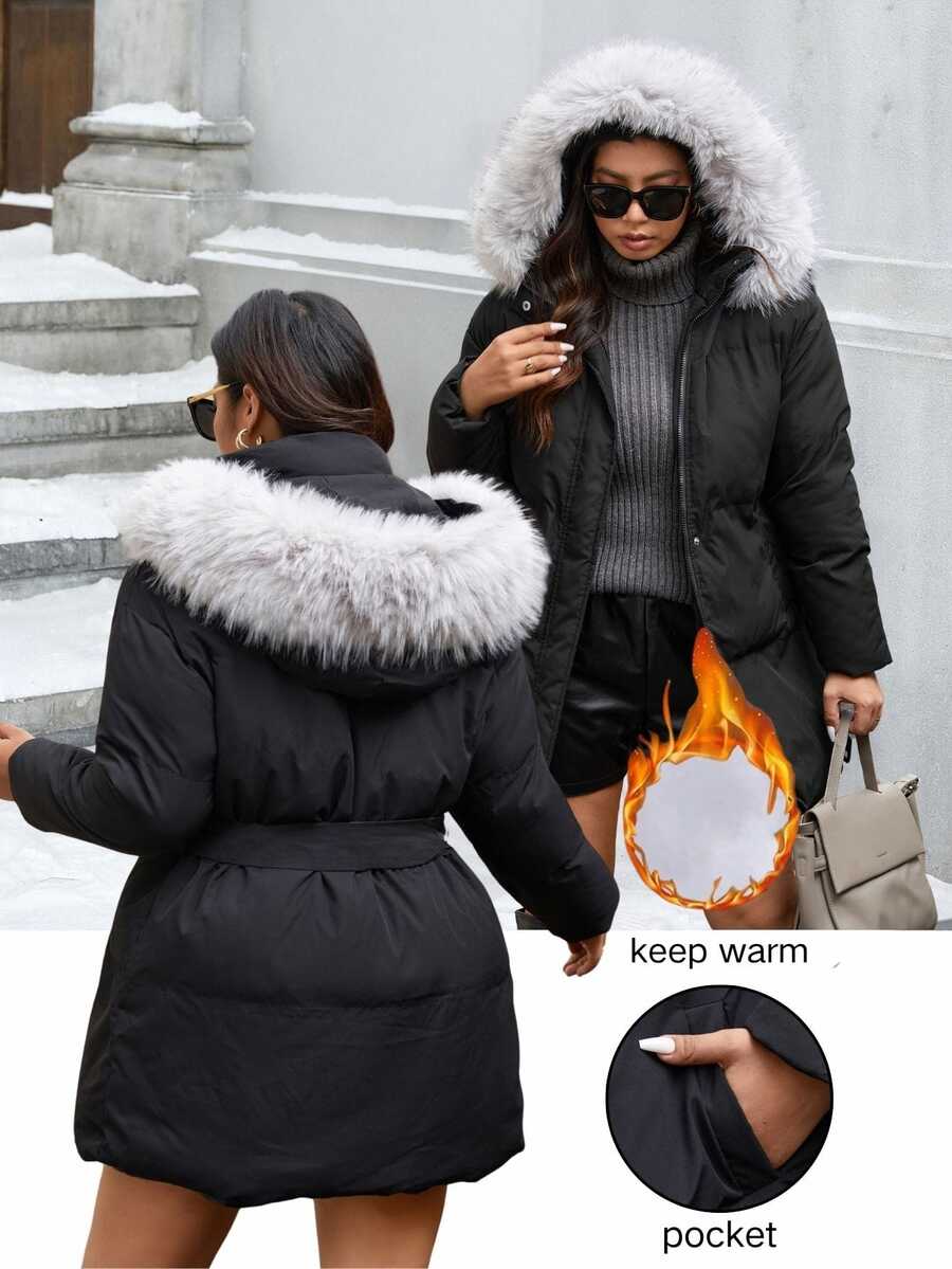 Easura معطف مبطن بغطاء رأس من الفرو الصناعي الدافئ بتصميم رقعات مع جيوب مقاس كبير - الأسود - مشاهدة 1