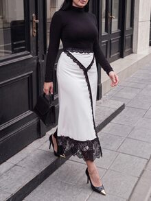 Lacomfia Rok Wanita Slim Fit Model Duyung dengan Desain Patchwork Renda, Serbaguna, Elegan, Warna Putih untuk Musim Gugur, Ukuran Plus - MultiWarna - View 3