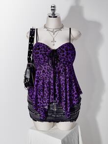 SHEIN ICON 女款大尺碼復古性感休閒千禧風 Y2K 龐克時尚個性玫瑰紅豹紋不對稱下擺抽褶綁帶背心 - 紫色 - 查看 6