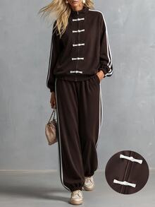 LUMIGAL Women's Autumn/Winter Brown Fashion Casual Sporty Style Frog Button Element Sweatshirt & Long Pants 2 Pieces Set - Brown - View 3