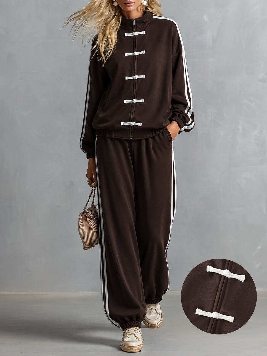 LUMIGAL Women's Autumn/Winter Brown Fashion Casual Sporty Style Frog Button Element Sweatshirt & Long Pants 2 Pieces Set - Brown - View 1