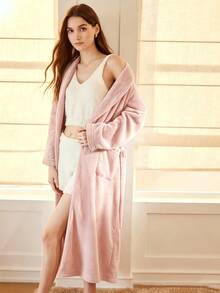 MOTF PREMIUM WOMEN'S SOFT BELTED PLUSH ROBE, COMFORTABLE LOUNGEWEAR - Pink - View 7