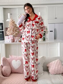 SweetSlumber Sweet Cute INS Christmas Candy Cane Bow Gingerbread Man Print Colorblock Collared Button-Front Woven Women's Pajama Set - Multicolor - View 6