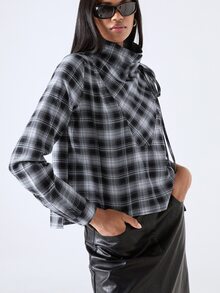 LYSMO Women's High Neck Long Sleeve Bowknot Plaid Fashion Shirt - Multicolor - View 1