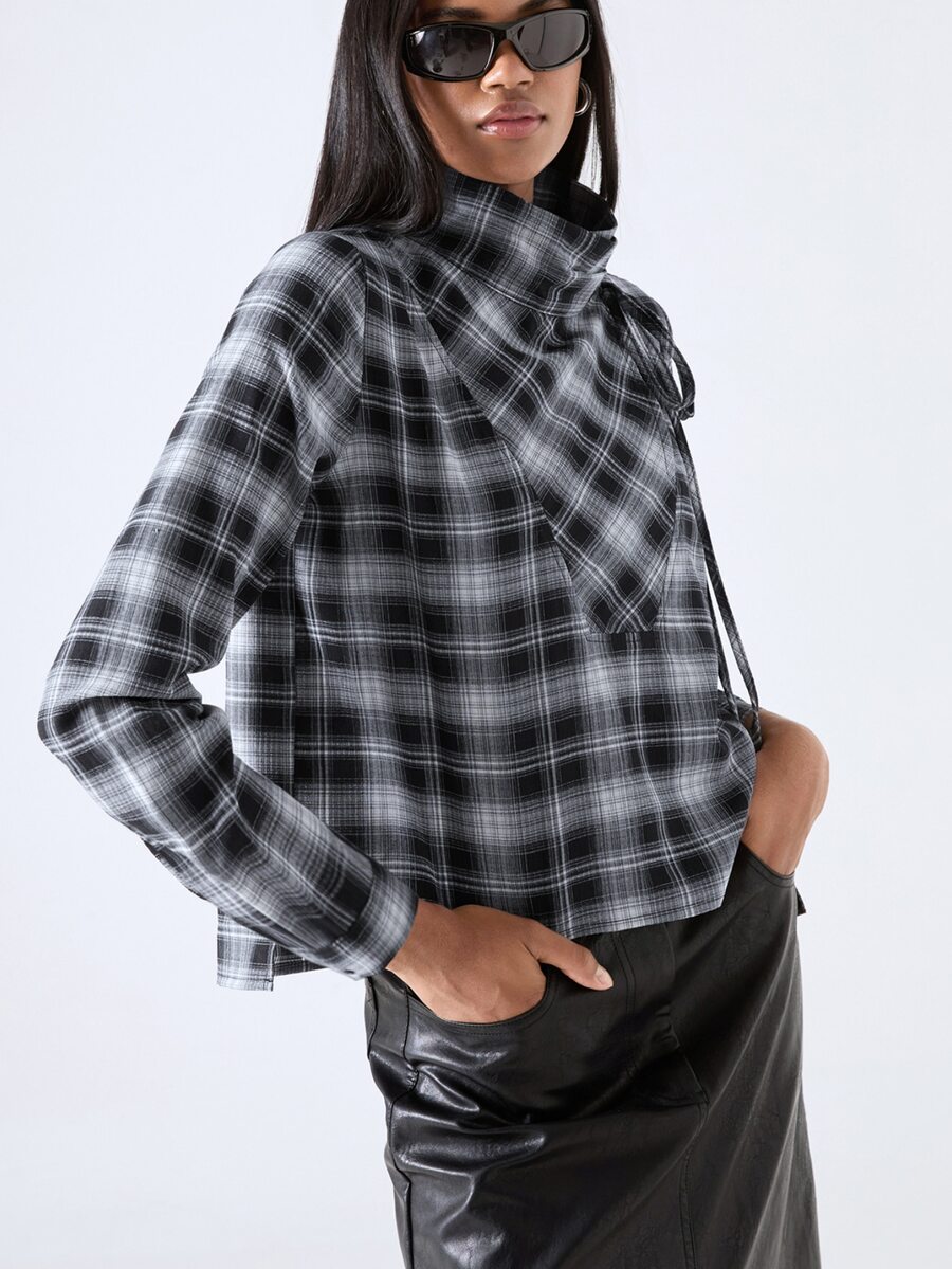 LYSMO Women's High Neck Long Sleeve Bowknot Plaid Fashion Shirt - Multicolor - View 1