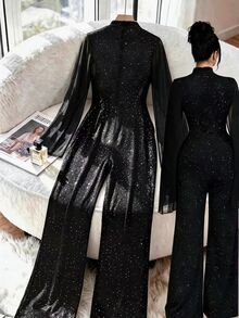 GlowEve CURVE Plus Size Black Sequin Faux Collar Split Mesh Bell Sleeve Wide Leg Jumpsuit - Black - View 2