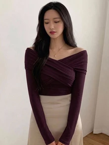 DAZY 純色露肩交叉包領長袖女款上衣，學院風秋季女裝外出上衣 - 紫色 - 查看 4