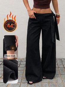 Rivivi Fashionable White Tie-Up Washed Denim Wide-Leg Pants Vacation Summer Streetwear Casual - Black - View 1