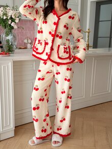 SweetSlumber Women's Cute Cherry Plush Pajama Set, Contrast Color Romantic French Style Sleepwear Set For Autumn/Winter - Multicolor - View 6