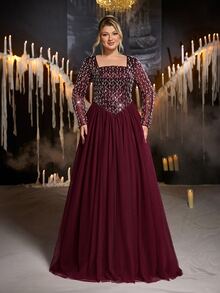 Glamrae Plus Size Elegant Romantic Square Neck Long Sleeve Sheer Luxury Sequin Contrast Mesh A-Line Evening Gown For Wedding Party Celebration Formal Event Dinner - Burgundy - View 3
