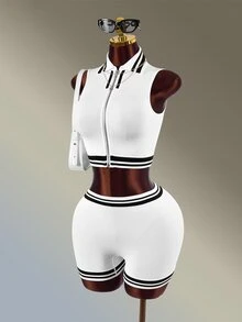 Amplova Women's Colorblock Zip-Up Top And Shorts Casual Daily Sports Outfit - White - View 2