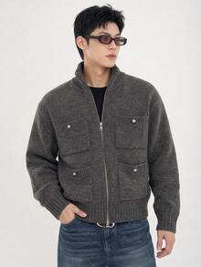 DAZY Spring/Autumn Dark Gray Pocket Cardigan For Men - Dark Grey - View 5
