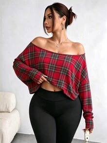 Elenzga Plus Size Women's Asymmetric Collar Long Sleeve Cropped Casual T-Shirt, Leopard Print, SpringAutumn Fall - Chocolate Brown - View 3