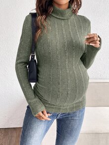 SHEIN 孕婦極簡休閒高領長袖修身T恤，秋季款 - 軍綠色 - 查看 3