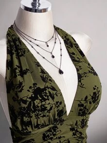 SHEIN ICON 女款大尺碼復古性感休閒千禧風Y2K優雅哥德約會深V領掛脖黑色網紗植絨蛋糕裙冬季 - 軍綠色 - 查看 6