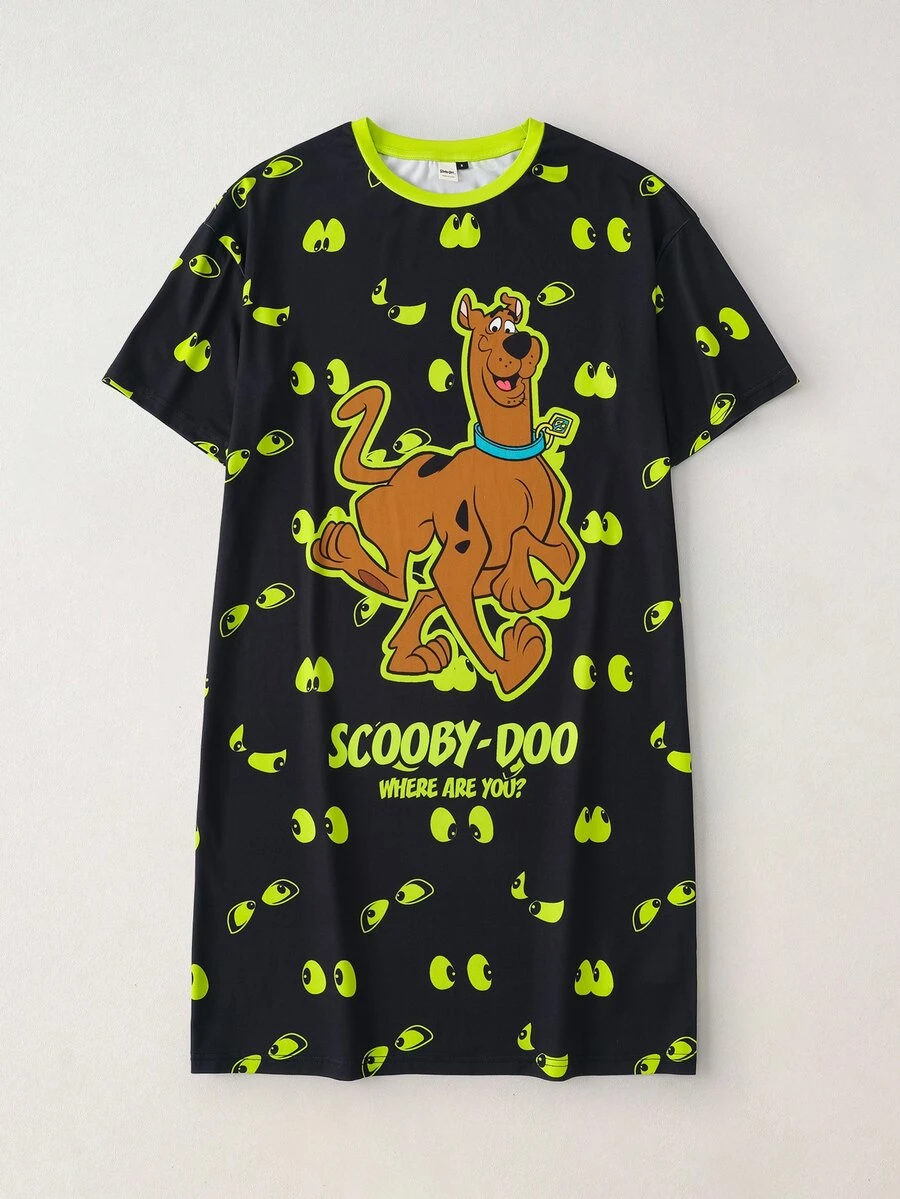 SCOOBY-DOO X SHEIN Women's Letter Print Short Sleeve Nightgown - Black - View 1