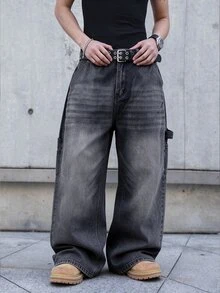 RivetRise Celana Panjang Denim Pria Model Longgar, Gaya Jalanan Urban Renaissance, Fesyen Kasual, Streetwear Kreatif dan Personal. - Dark Grey - View 5