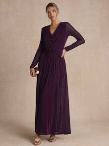 Enchnt Women's Solid Color V-Neck Pleated Casual Party Long Dress - Red Violet - View 3