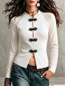SHEIN Women's Autumn/Winter Chinese Style Frog Button Minimalist Knit Cardigan, Solid Color Small Stand Collar Vintage Elegant Sweater Jacket - White - View 3