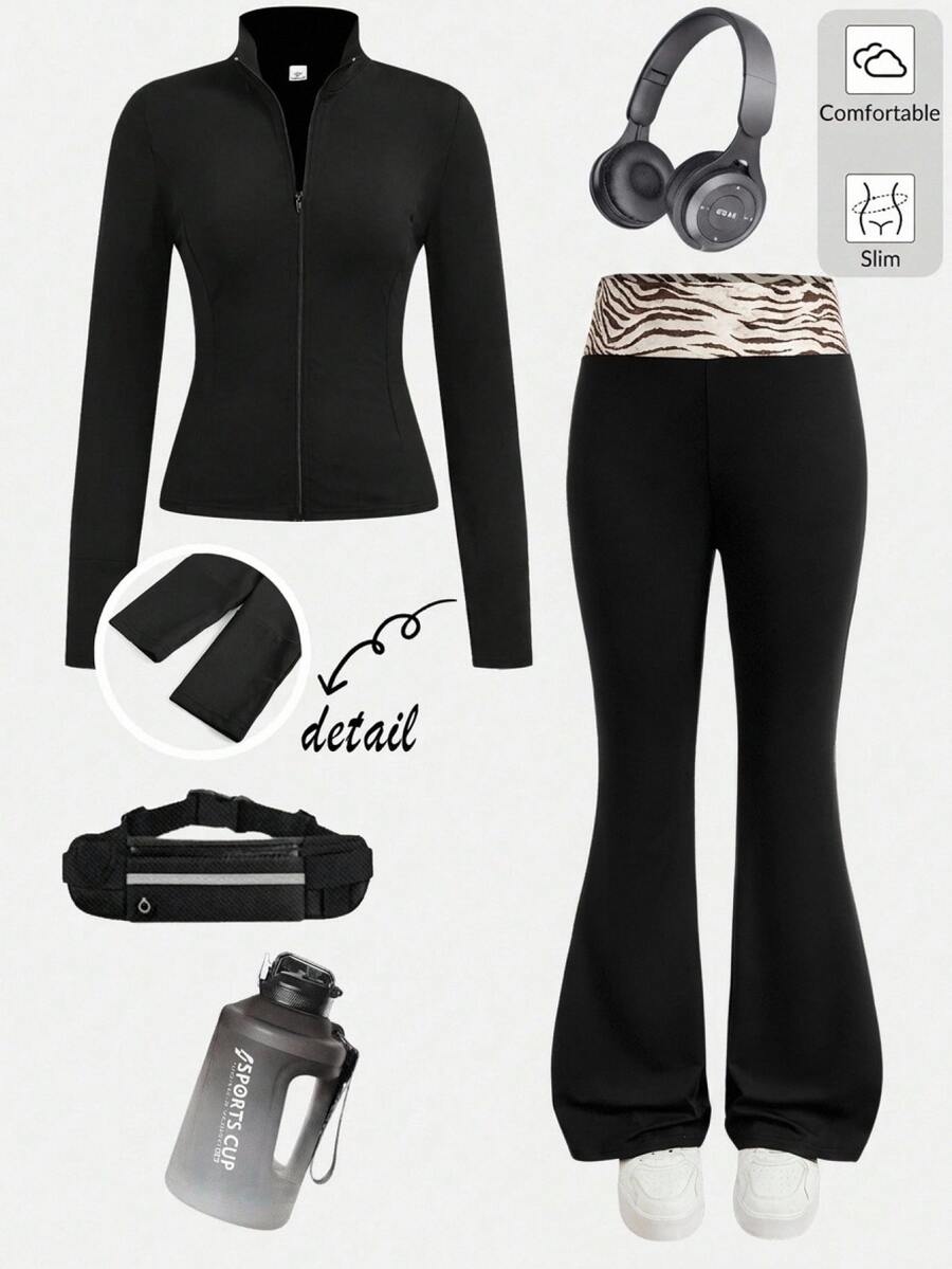 SHEIN Kids Teen Girls Black Sporty Stand Collar Zip Up Slim Jacket And Zebra Print Foldover Waistband Flare Leg Pants 2Pcs Set Fall Winter - Black - View 1