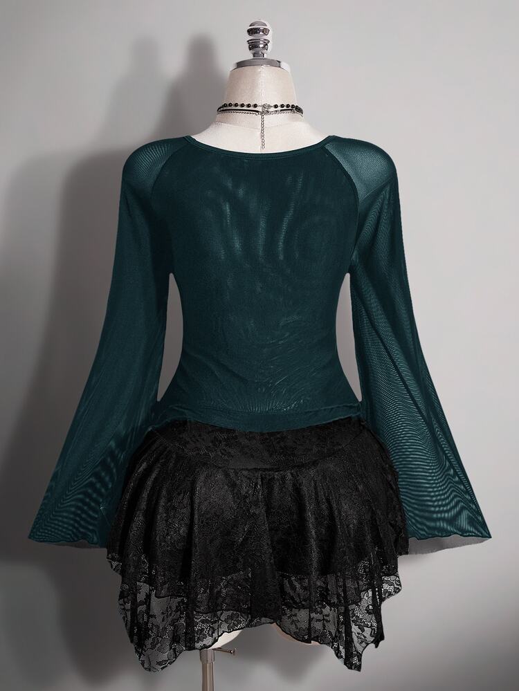 SHEIN ICON Women's Plus Size Retro Sexy Fashion Millennial Style Y2K Dark Gothic Style Bell Sleeve Asymmetric Hem Silver Metal Cross Decoration Black Mesh T-Shirt - Dark Green - View 2
