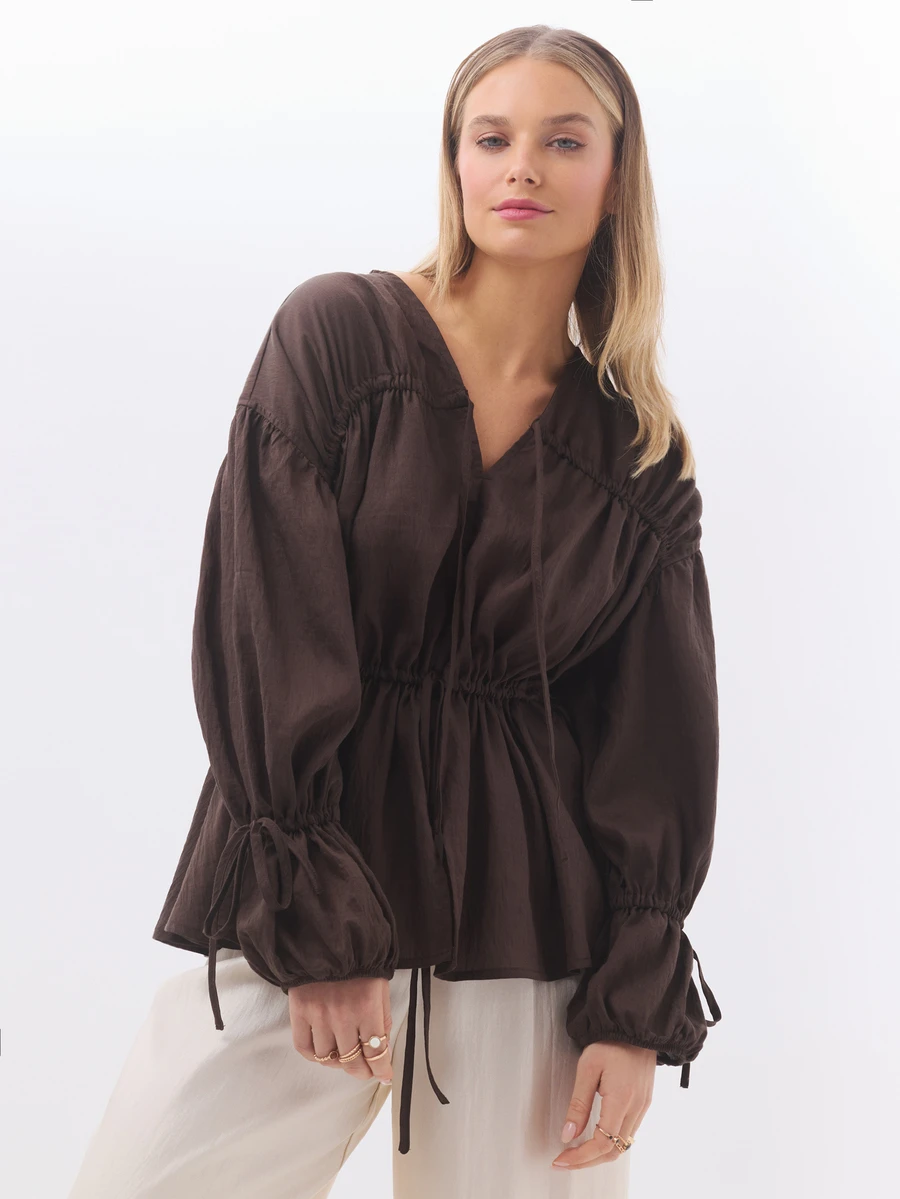 KÆRIA Hus Drawstring Waist Blouse - Fluid Textured Lyocell - Chocolate - Transeasonal, Tie-Neck, Full Sleeves - Brown - View 1