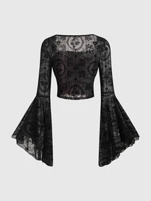 ROMWE Spring Luxury Black Gothic Palace Style Halloween Party Women's Velour Cross & Flower Pattern Mesh Insert Lace-Up Waist Top - Red and Black - View 2
