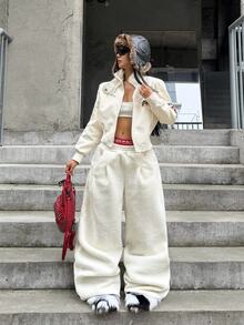 Coolane Women's Fall Winter Casual Basic Ivory Loose Fleece High Waist Elastic Comfortable Versatile Warm Wide Leg Pants - White - View 5