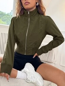 SHEIN EZwear 立領收腰純色拉鍊口袋長袖短夾克 秋冬款 - 軍綠色 - 查看 6