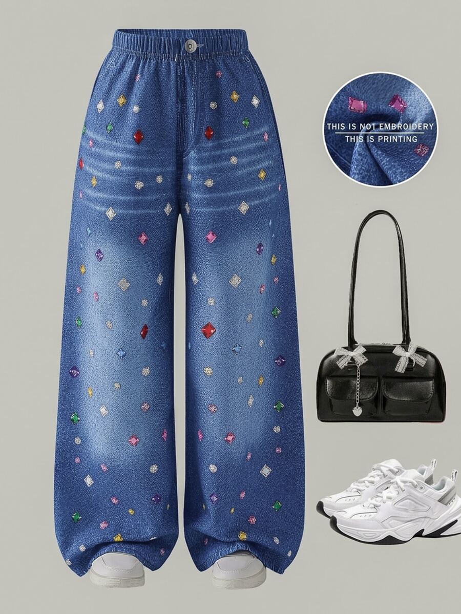 SHEIN Tween Girl Elastic Waist Casual Daily Denim Effect Long Pants - Blue - View 1