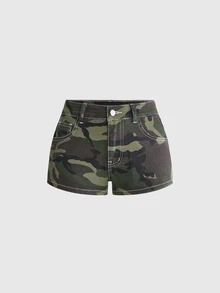 ROMWE Grunge Punk Plus Size Vintage Y2K Women's Camo Denim Shorts With Star Patch Back Pockets - Army Green - View 2