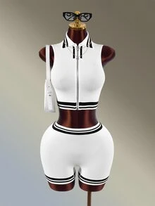 Amplova Women's Colorblock Zip-Up Top And Shorts Casual Daily Sports Outfit - White - View 10