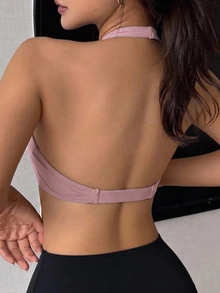 DAZY 1pc Solid Color Halter Twist Front Gather Yoga Sports Bra For Women Lingerie For Women - Mauve Purple - View 5