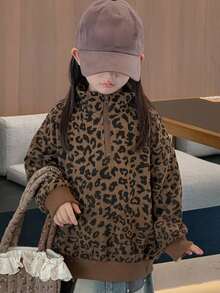 Dazy Kids 少女休閒寬鬆豹紋印花運動衫 - 卡其色 - 查看 5