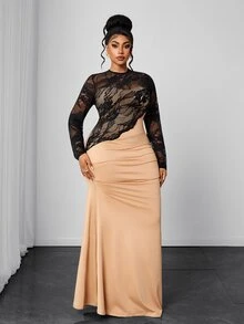 Maweii Plus Size Elegant Fitted Lace Patchwork Long Dress For Women - Apricot - View 5