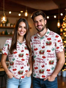 Manfinity Homme Men's Plus Size Christmas Snowflake & Bow Print Single-Breasted Short Sleeve Shirt - Multicolor - View 1