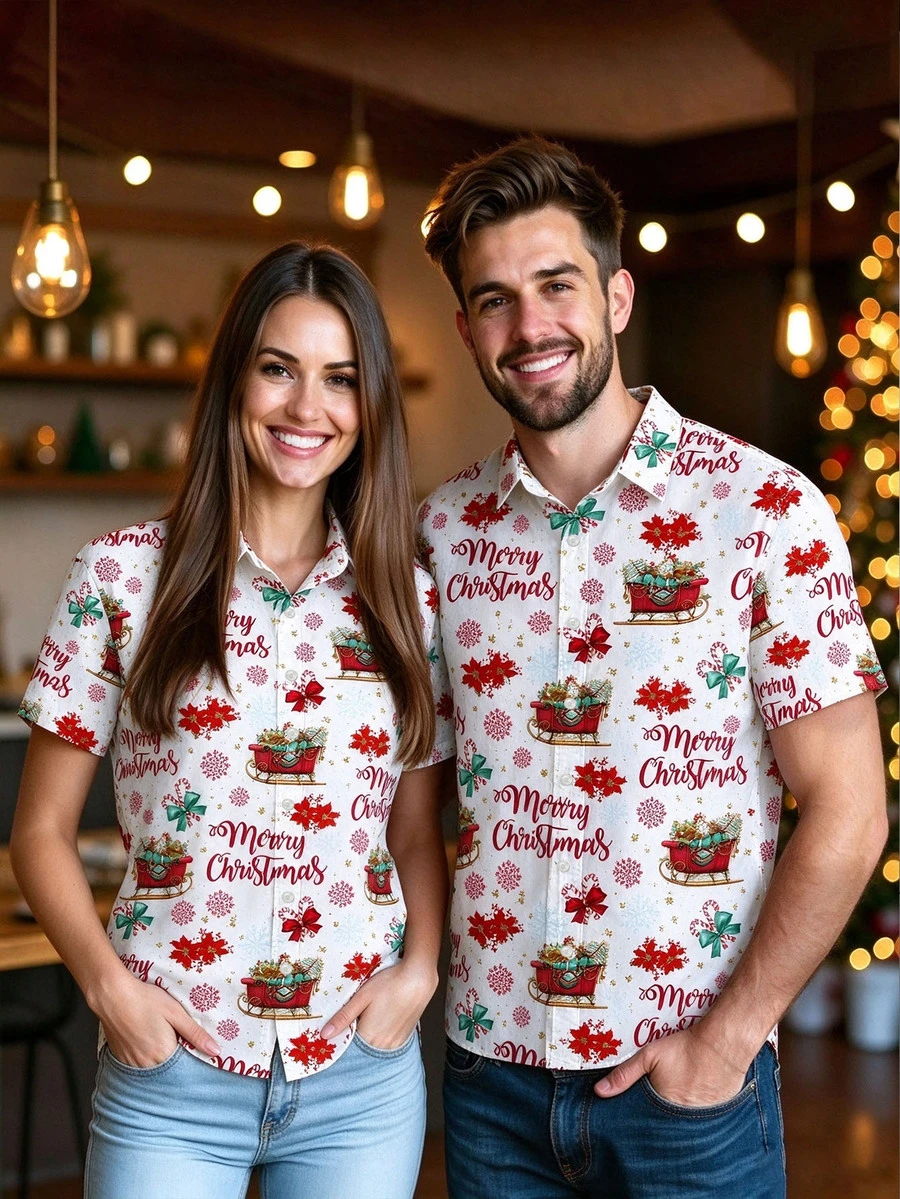 Manfinity Homme Men's Plus Size Christmas Snowflake & Bow Print Single-Breasted Short Sleeve Shirt - Multicolor - View 1