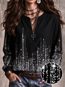 EMERY ROSE 大尺碼女款黑色休閒紋理條紋拉鍊圓領運動衫，秋冬簡約度假風長袖套頭上衣 - 彩色 - 查看 1