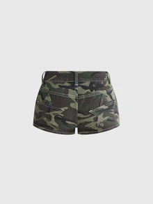ROMWE Grunge Punk Plus Size Vintage Y2K Women's Camo Denim Shorts With Star Patch Back Pockets - Army Green - View 1