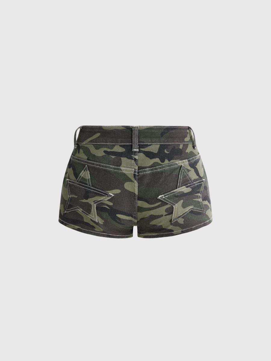 ROMWE Grunge Punk Plus Size Vintage Y2K Women's Camo Denim Shorts With Star Patch Back Pockets - Army Green - View 1