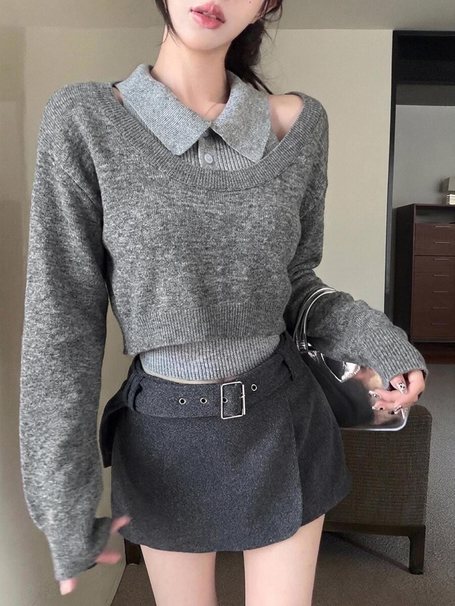 DAZY 秋冬灰色休閒甜美學院風針織背心與短版套頭毛衣女款兩件組 - 深灰色 - 查看 1