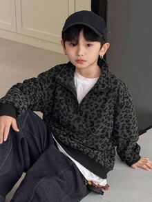 Dazy Kids 青少年男孩休閒寬鬆豹紋 Polo 領運動衫，秋季 - 黑色 - 查看 4