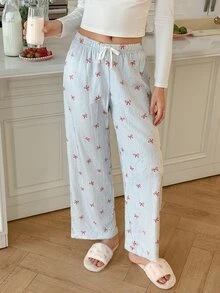 SweetSlumber Sweet INS Bow Striped Plush Women's Pajama Bottoms - Blue - View 5