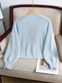 SHEIN 青少年女孩純色休閒百搭日常長袖開襟衫 告別白 秋季 - 淺藍色 - 查看 2