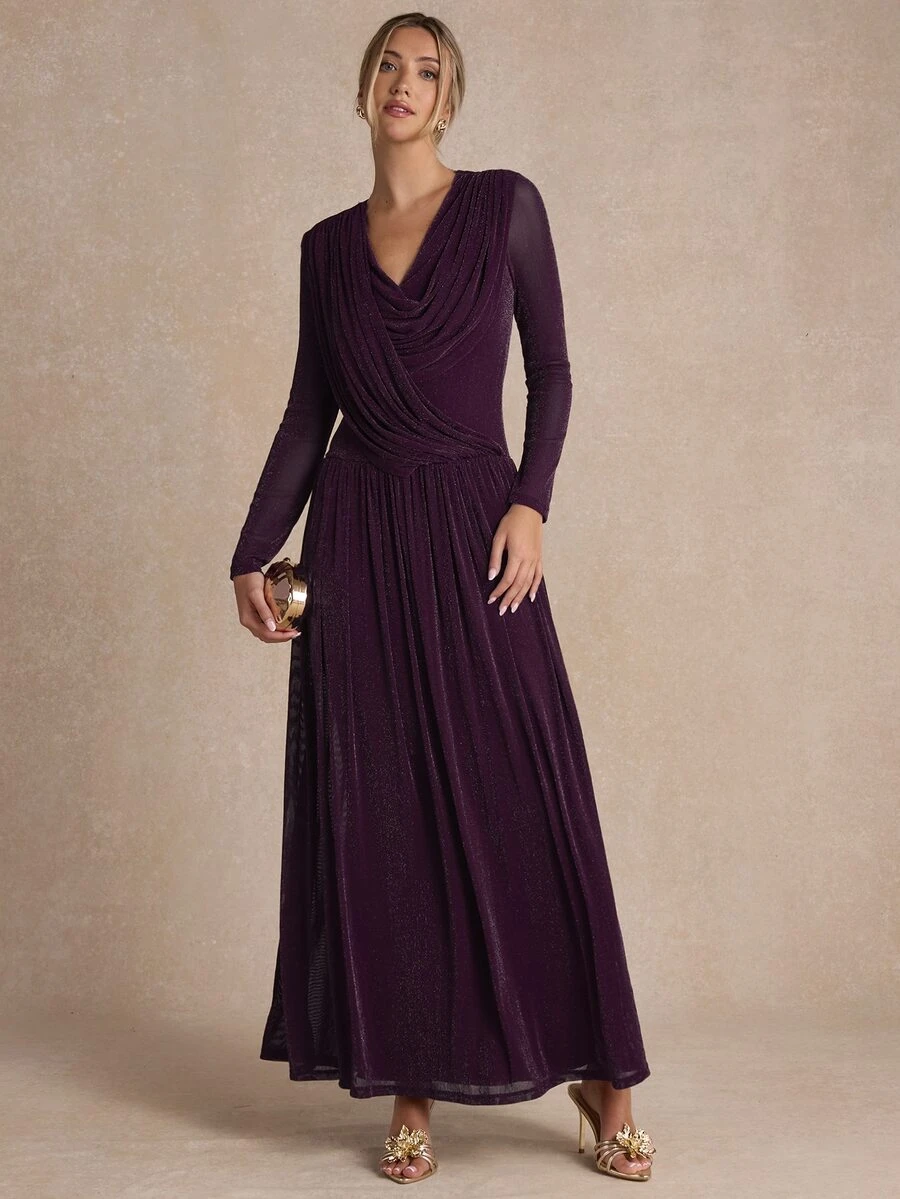 Enchnt Women's Solid Color V-Neck Pleated Casual Party Long Dress - Red Violet - View 1