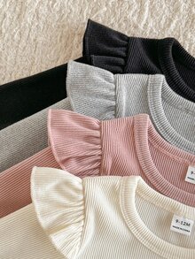 SHEIN Set 4 món bodysuit romper bé gái cơ bản thường ngày, màu trơn, len gân, tay ngắn và tay dài, độ dày vừa, phong cách mùa thu - Nhiều màu - Xem 6