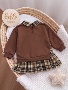 SHEIN Baby Girl Casual Comfortable Daily Versatile Cute Colorblock Plaid Long Sleeve Dress - Brown - View 2