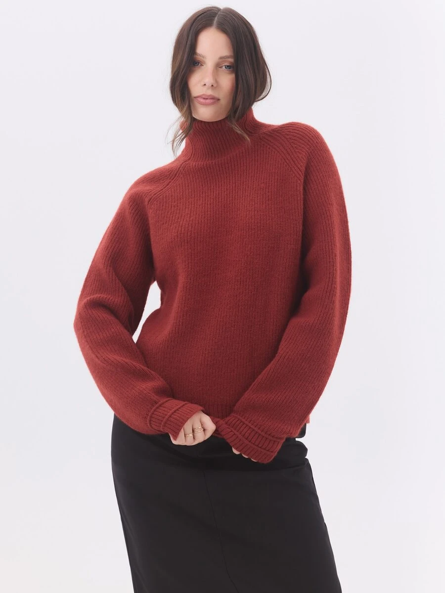 KÆRIA Hus Roll Neck Raglan Sweater - Lofty Rib Knit - Rust Red - Turnback Cuffs,Cosy Knitwear, Winter Layering - Red - View 1